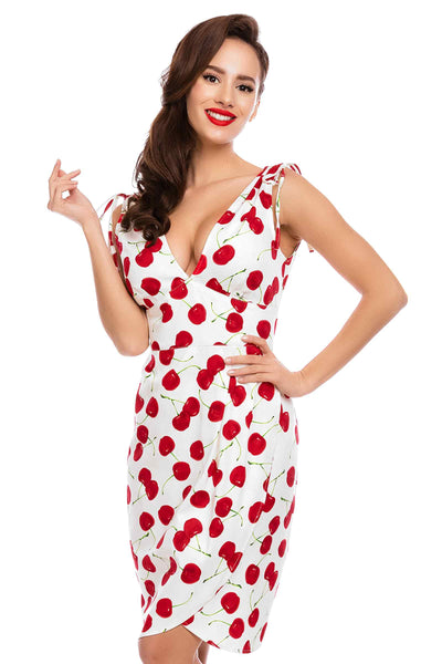 Model wearing a White Cherry Wiggle Dress