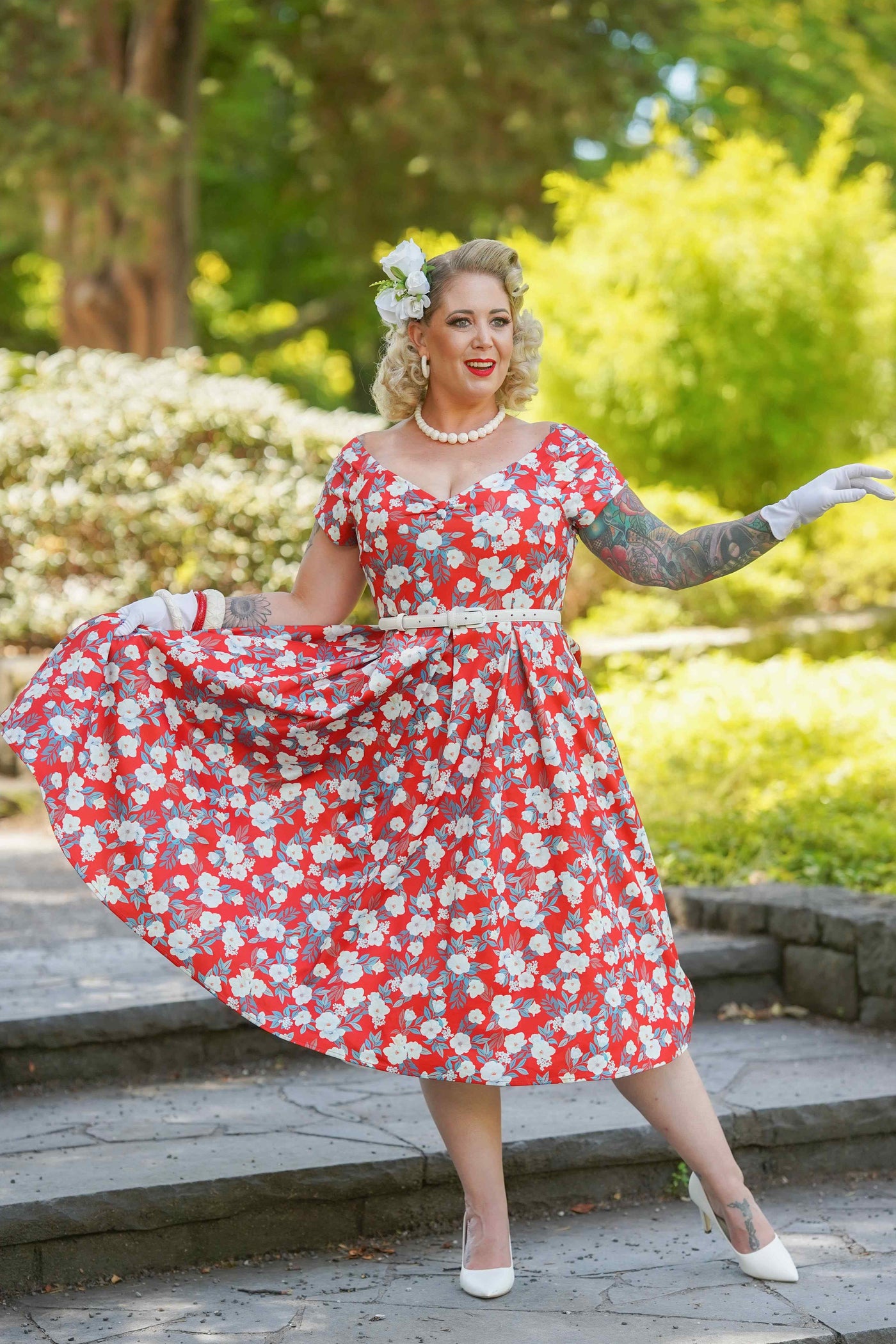 Lily White Rose Off Shoulder Dress In Red