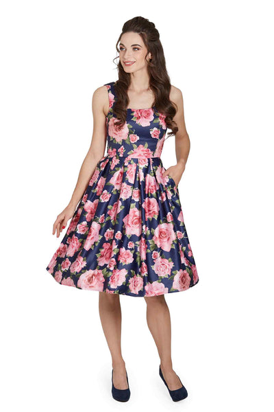 Model wearing Blue & Pink Roses Swing Dress