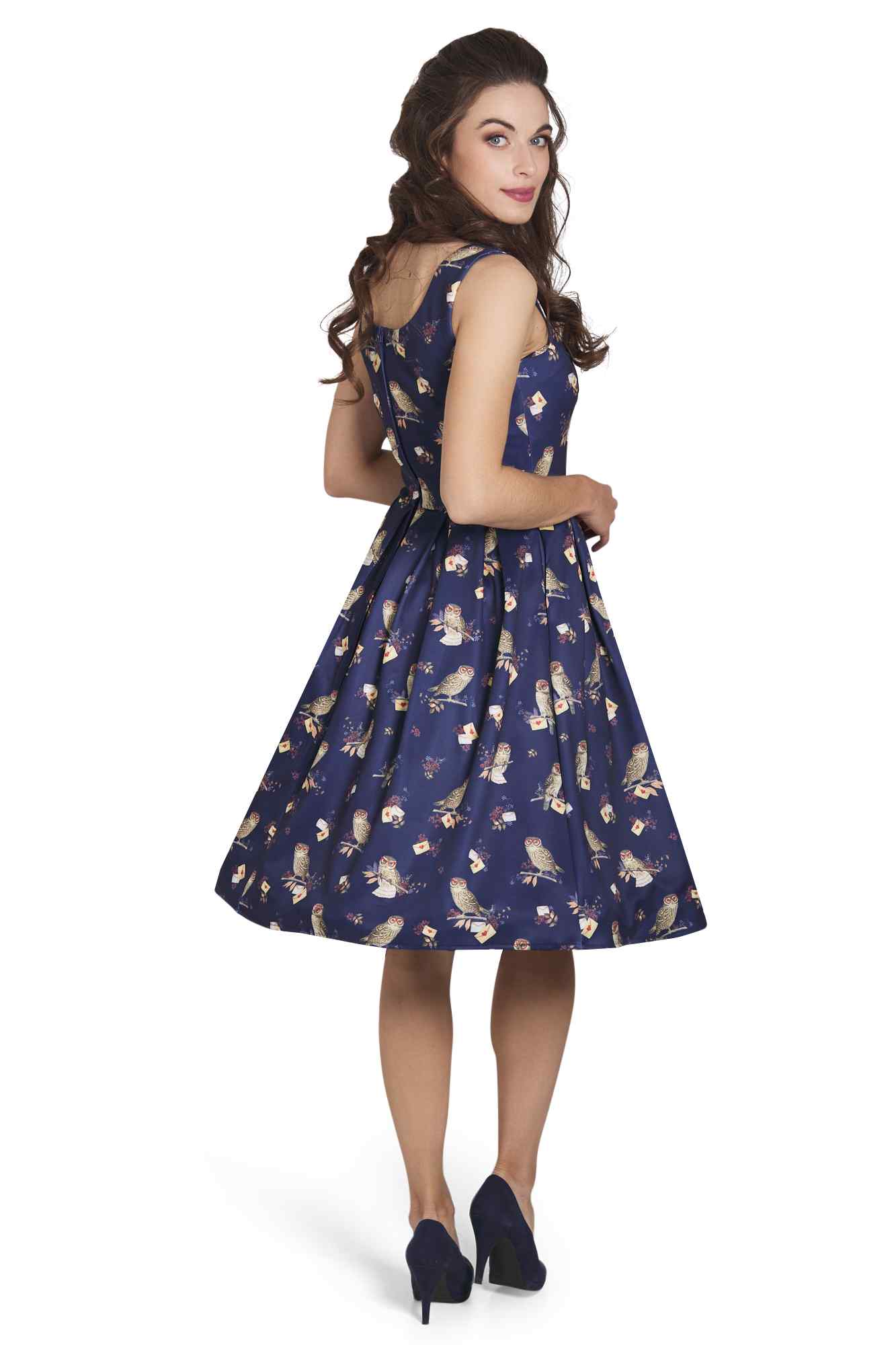 Model wearing Owl & Letter Swing Dress in Dark Blue