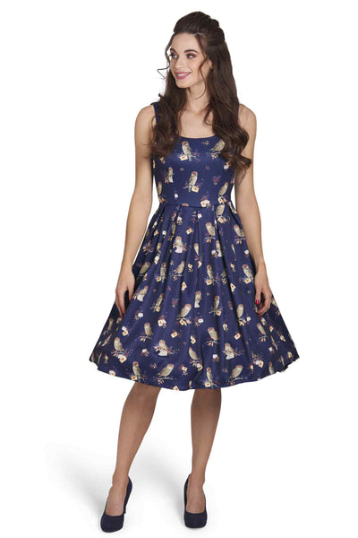 Model wearing Owl & Letter Swing Dress in Dark Blue