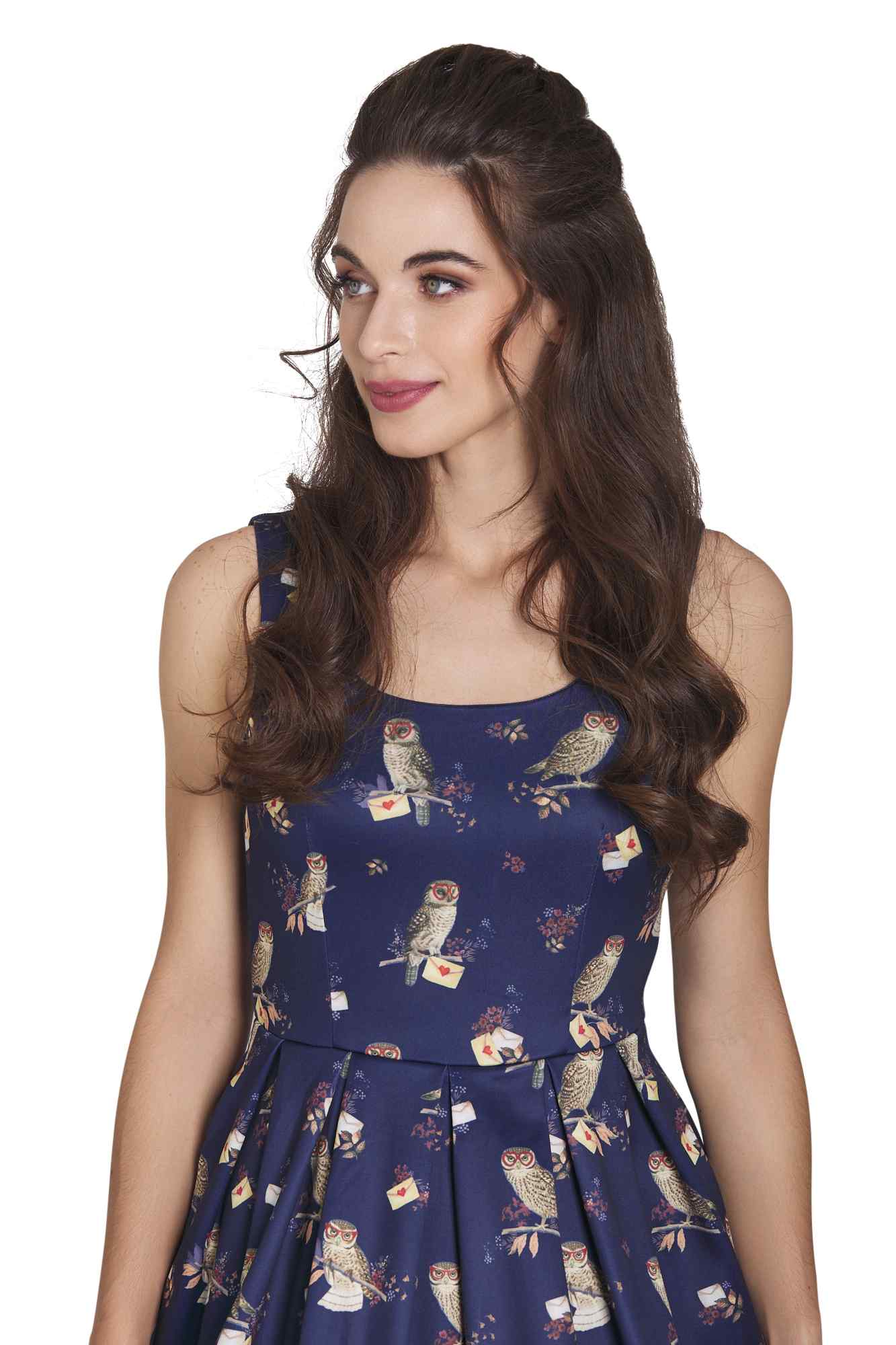 Model wearing Owl & Letter Swing Dress in Dark Blue