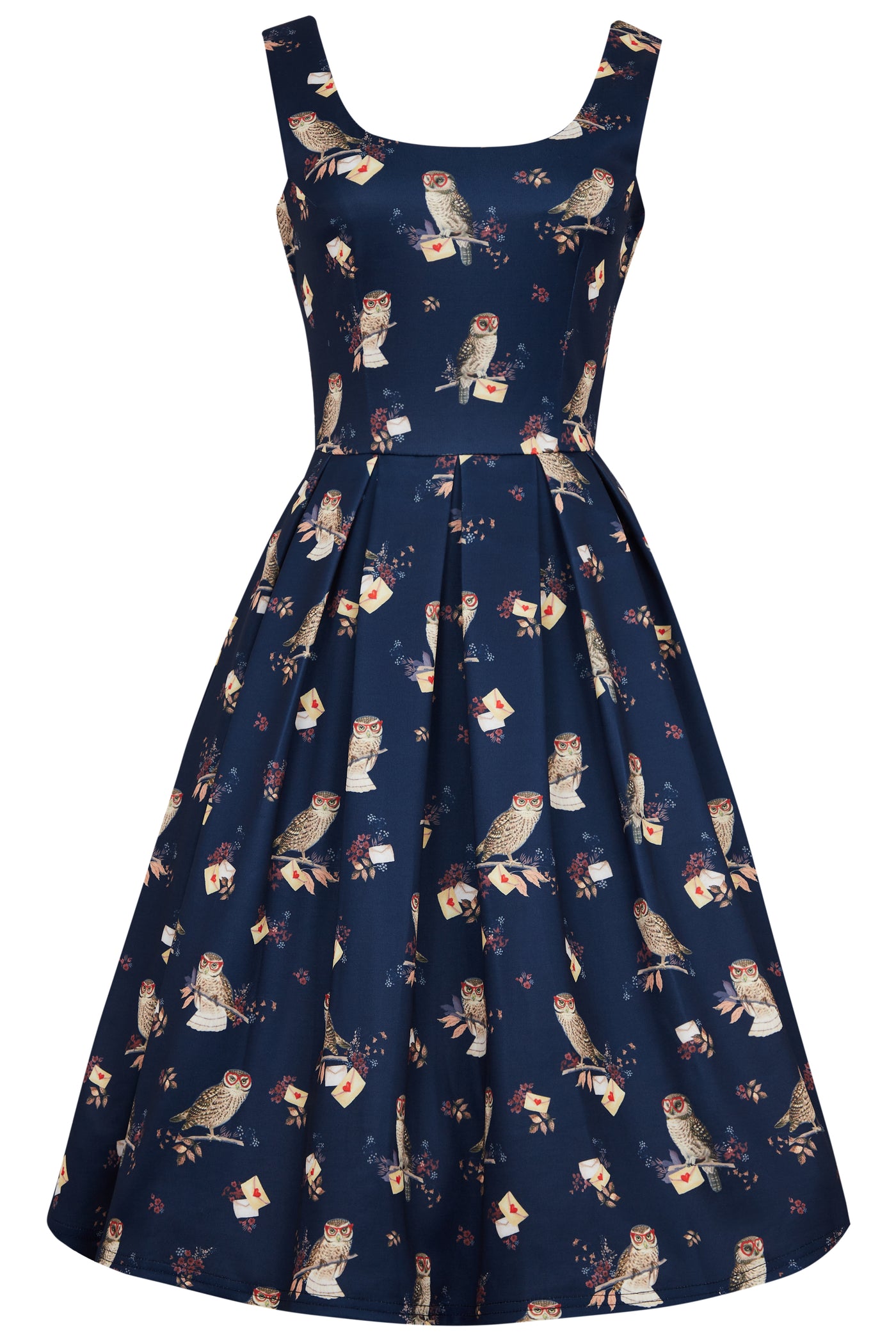 Front view of Owl & Letter Swing Dress in Dark Blue