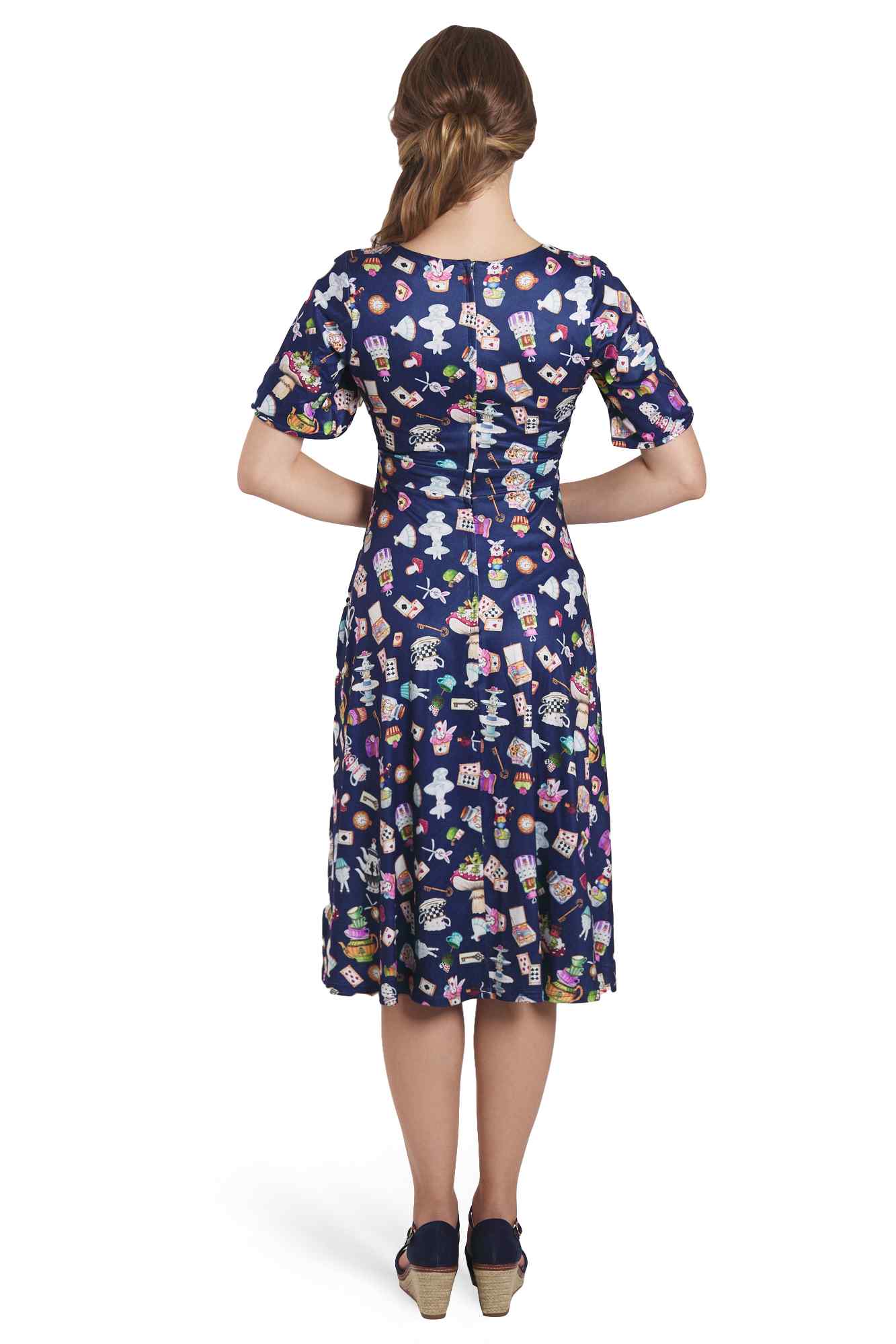 Model photo of Blue Wonderland Petal Sleeved Flared Tea Dress