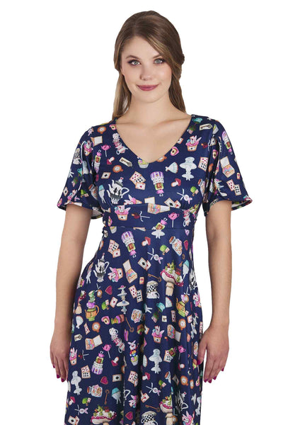 Model photo of Blue Wonderland Petal Sleeved Flared Tea Dress