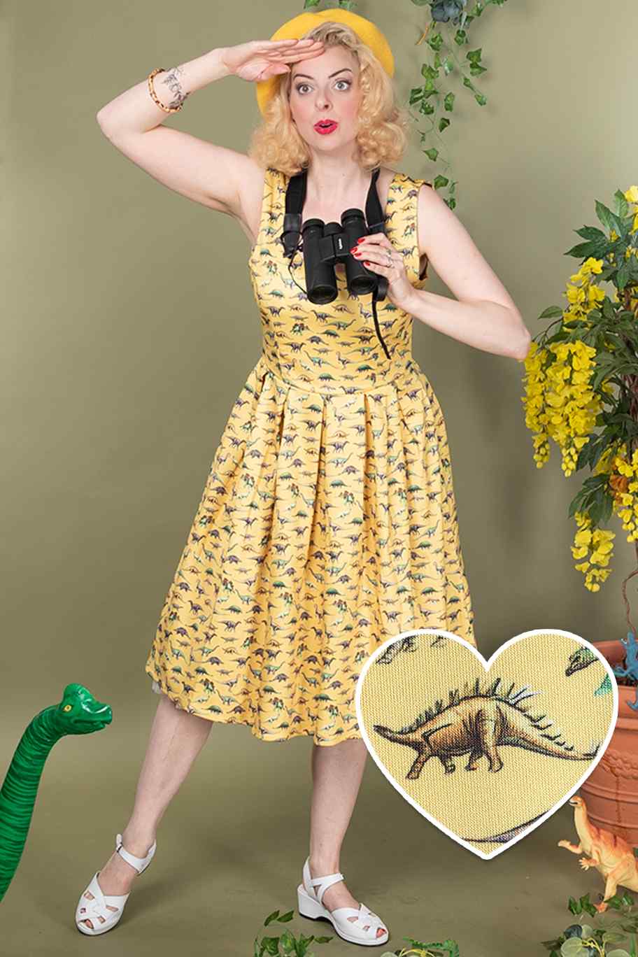 A model wearing a Yellow Antique Dinosaur Flared Dress