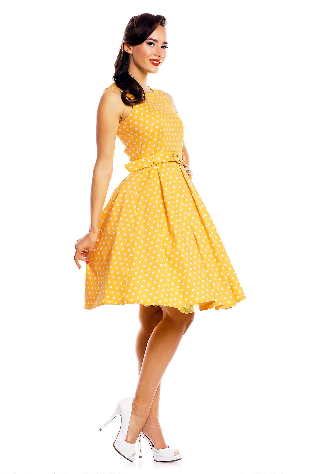 A model  wearing Yellow Polka Dot Flared Dress