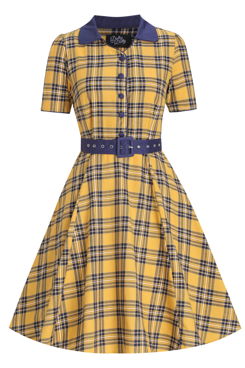 Front view of Yellow Tartan Shirt Dress