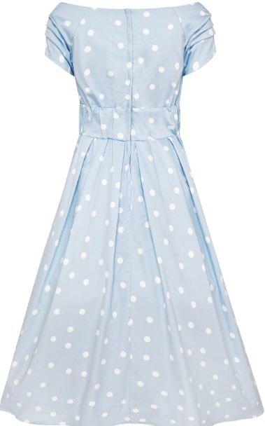 Lily Off-Shoulder Polka Dot Evening Dress in Baby Blue/White