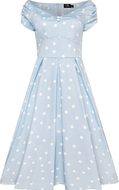 Lily Off-Shoulder Polka Dot Evening Dress in Baby Blue/White