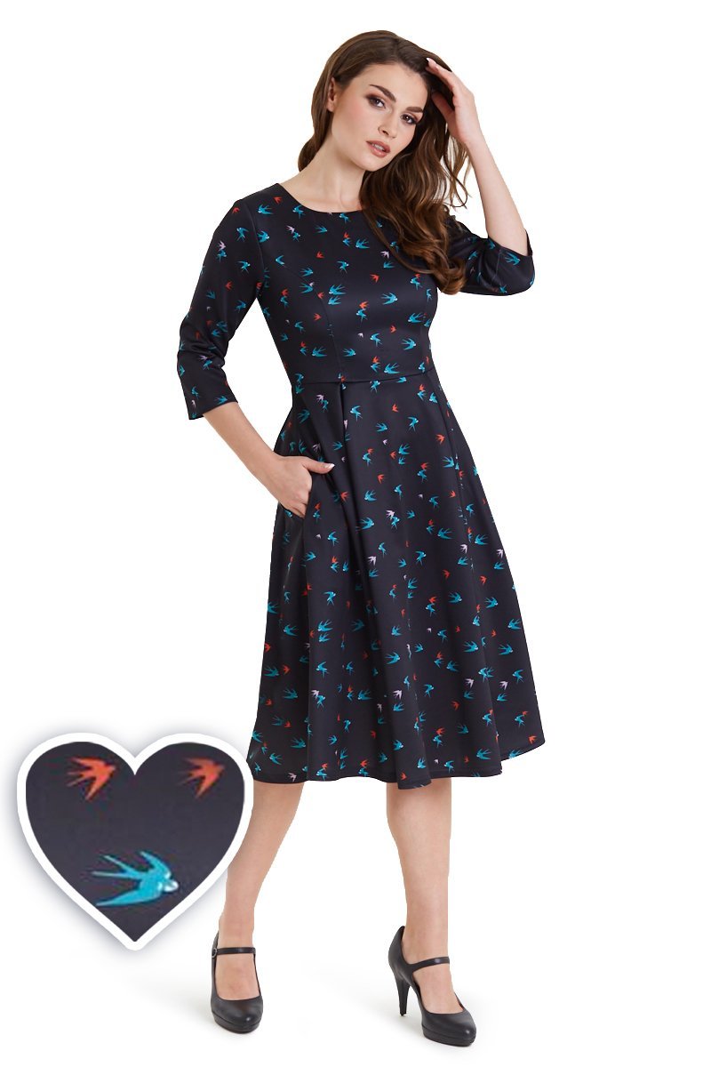 Beatrix Long Sleeved Midi Dress in Black Swallow Bird Print