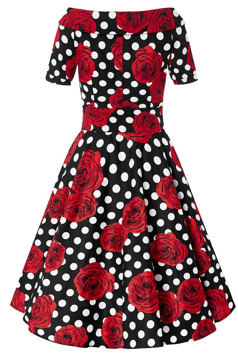 50s Style Polka Spot Roses Off Shoulder Swing Dress