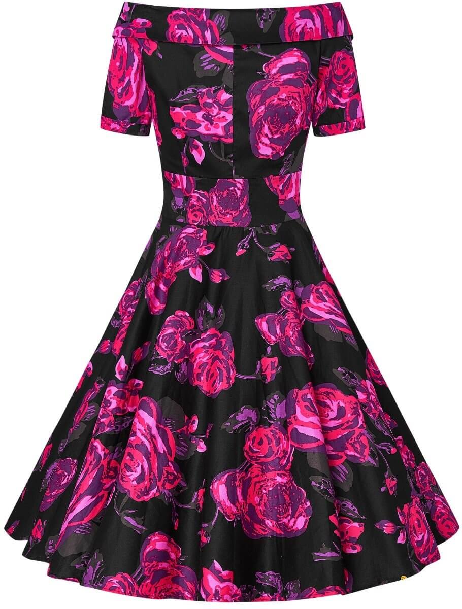 Darlene Retro Black/Pink Roses Swing Dress - Dolly and Dotty