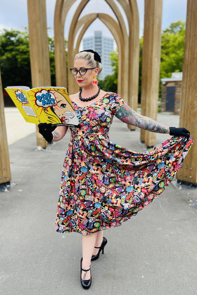 Off-The-Shoulder 50s Full Circle Dress in Pop Art Print