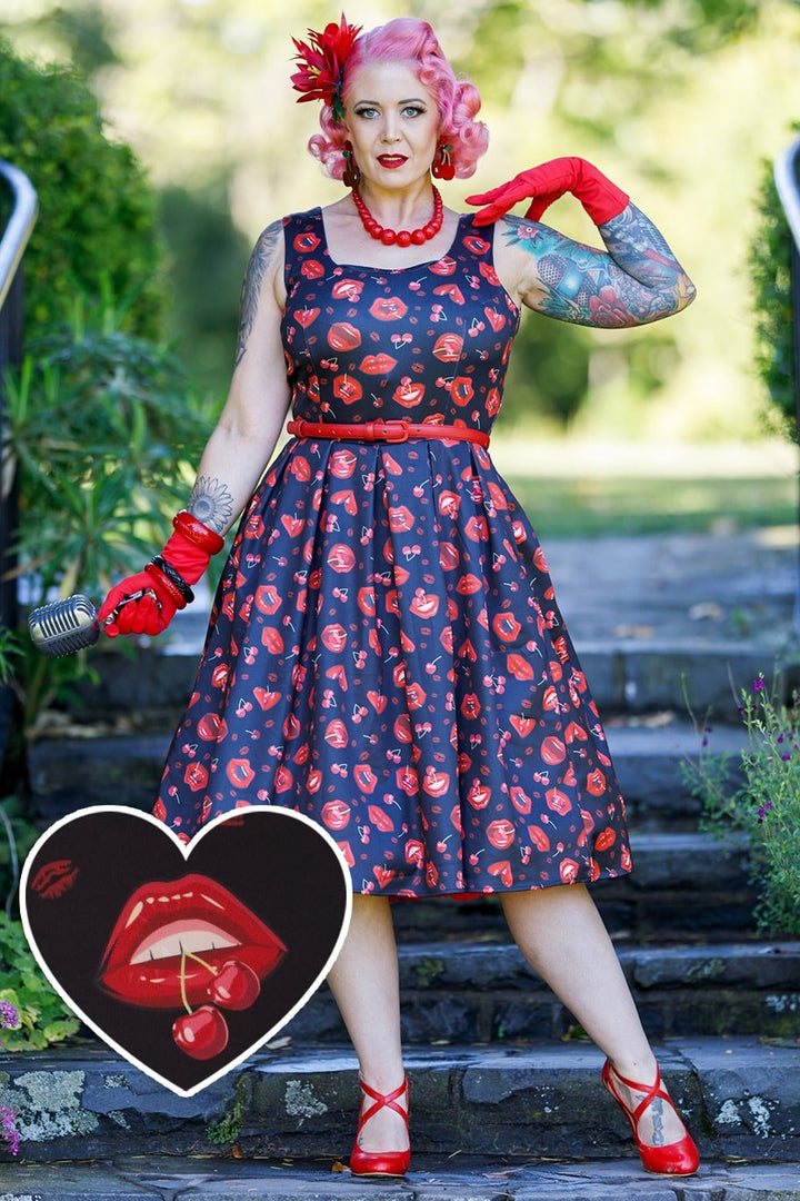 Amanda Pin Up Lip Cherry Print Swing Dress with Pockets