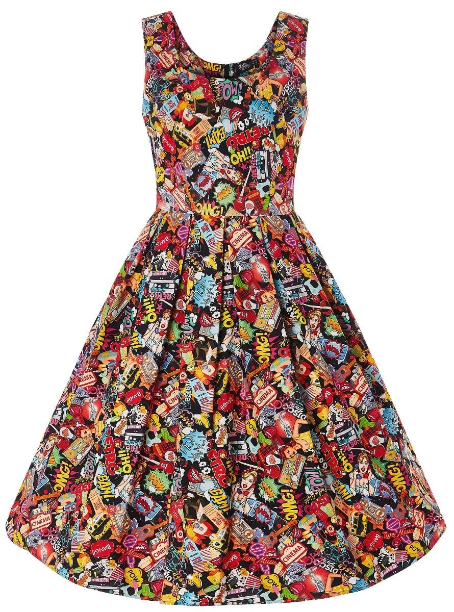 Amanda swing dress, in colourful pop art comic print, front view