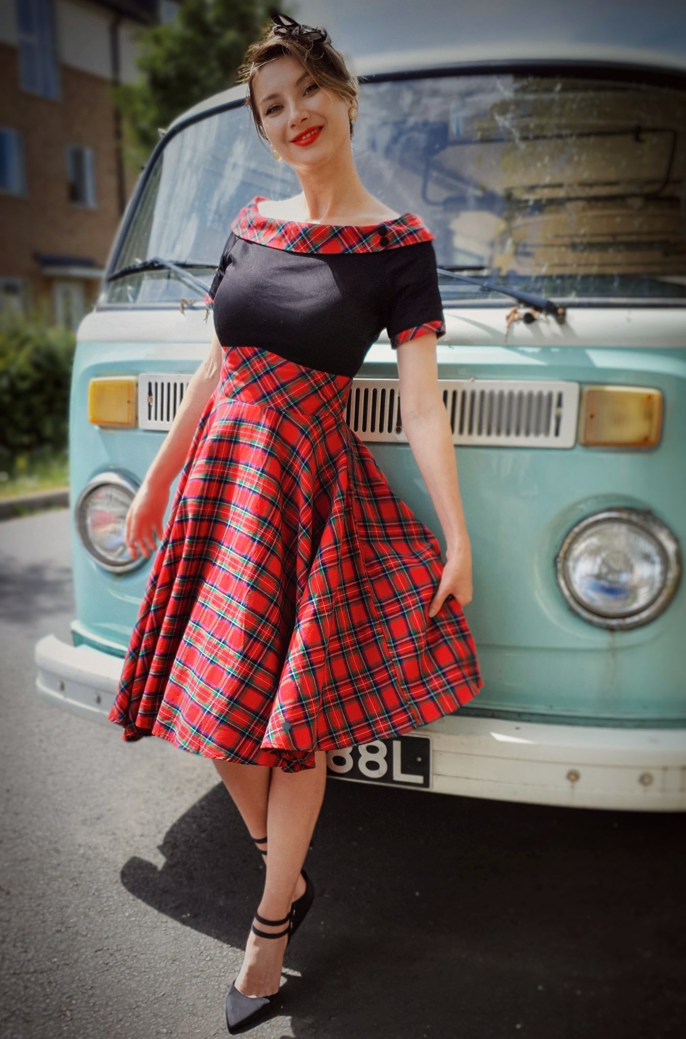 Women's Tartan Off Shoulder Swing Dress