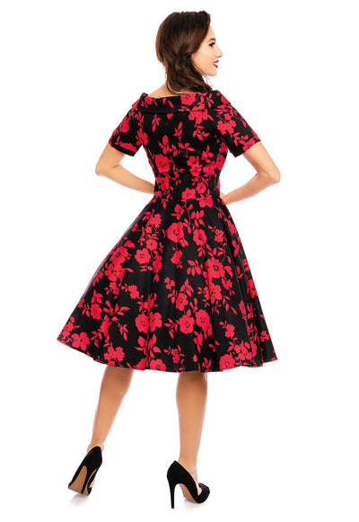 Darlene Retro Floral Swing Dress in Black/Red