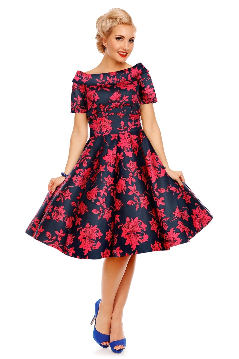Darlene Floral Roses 50's Swing Dress in Blue/Red - Dolly and Dotty