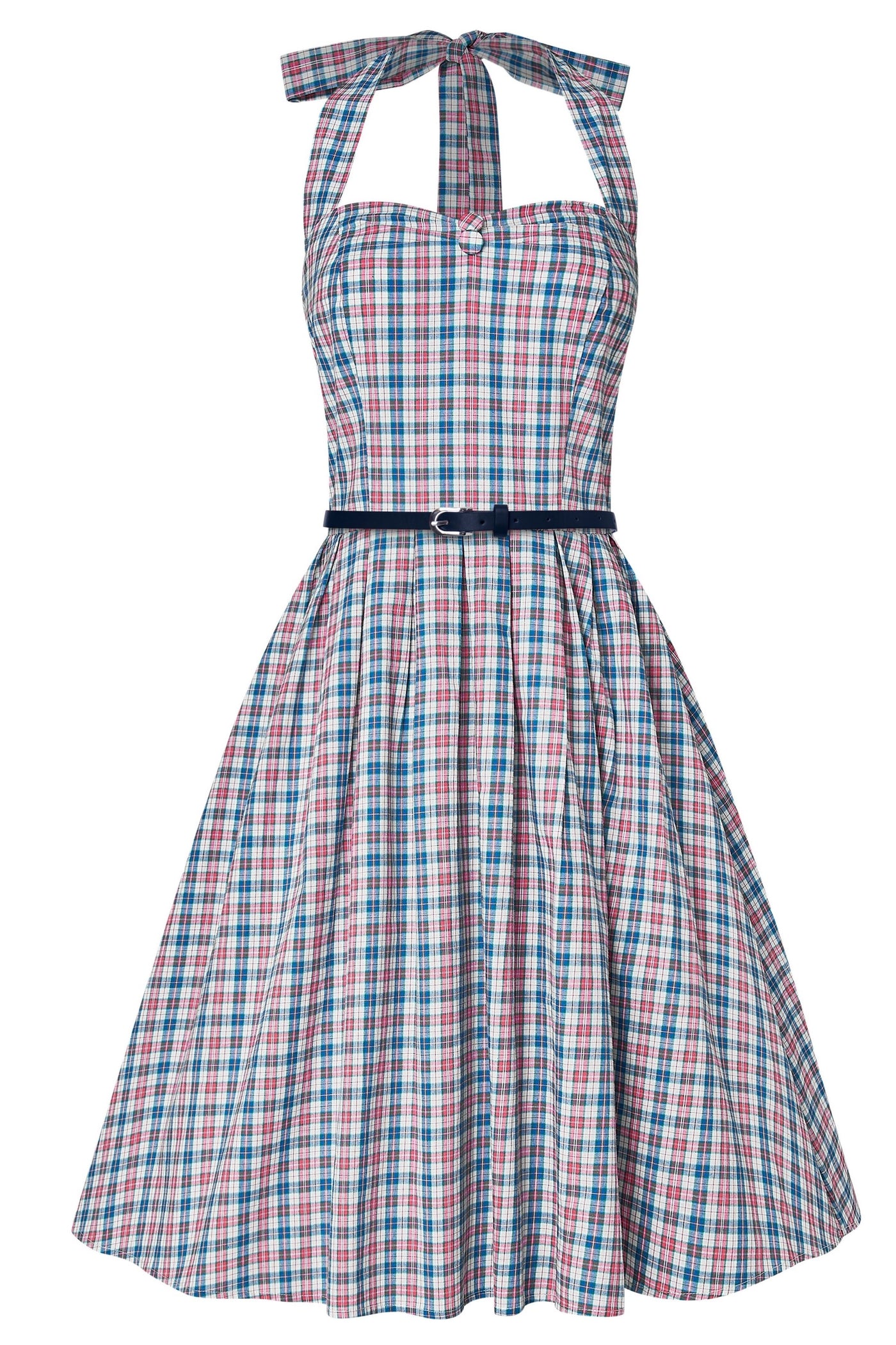 Sophia halter neck swing dress in blue and red check print, front view