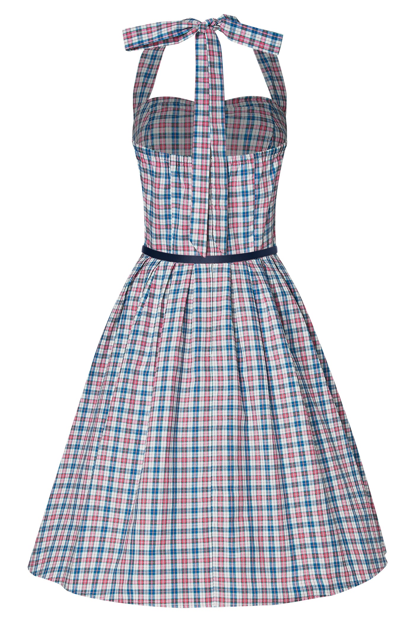 Sophia halter neck swing dress in blue and red check print, back view