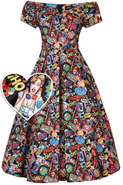 Short sleeved pop art comic print flared dress