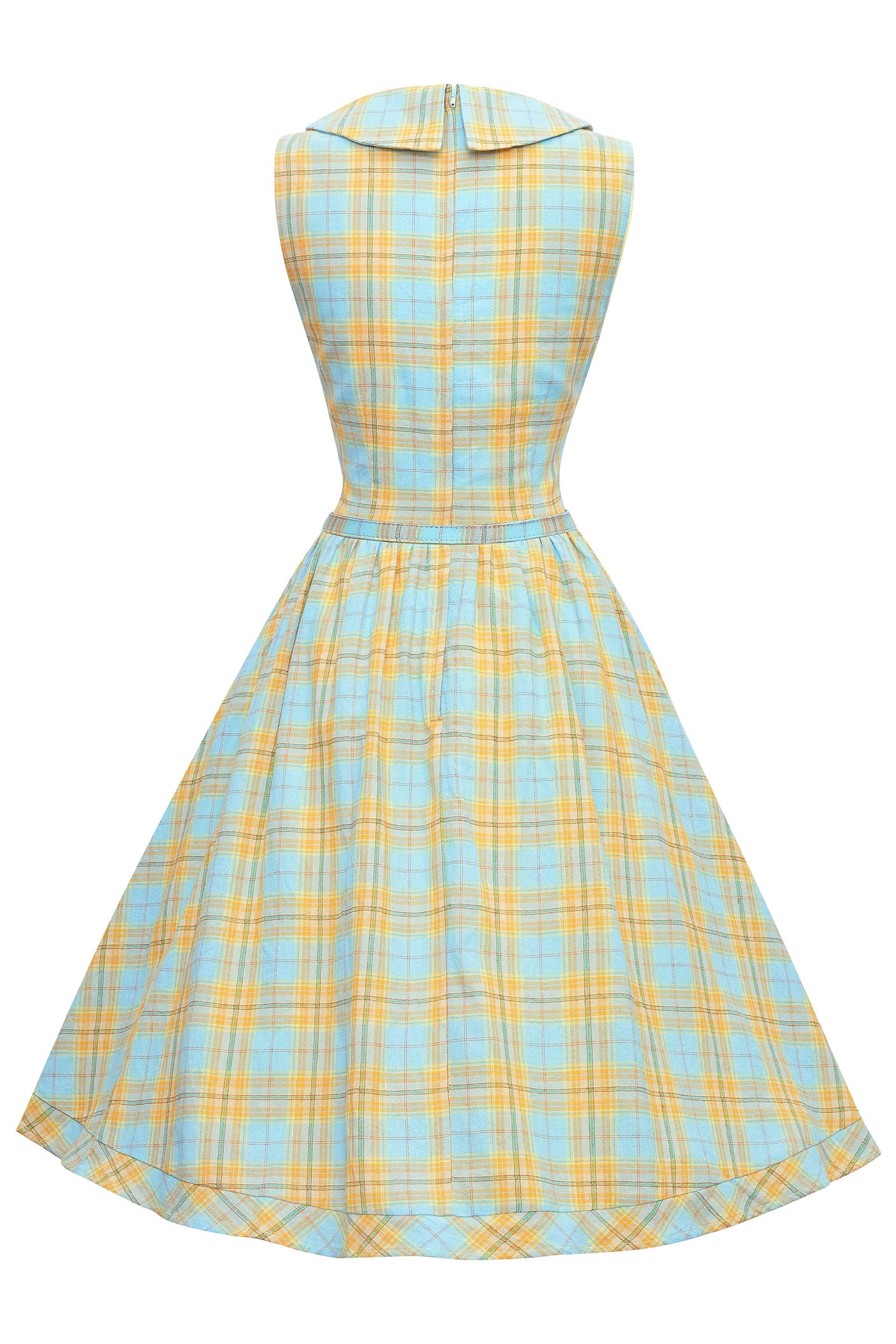 Yellow and blue check plaid collar shirt dress back view