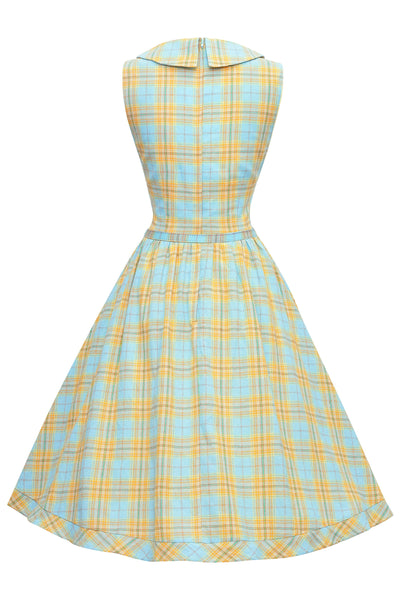 Yellow and blue check plaid collar shirt dress back view