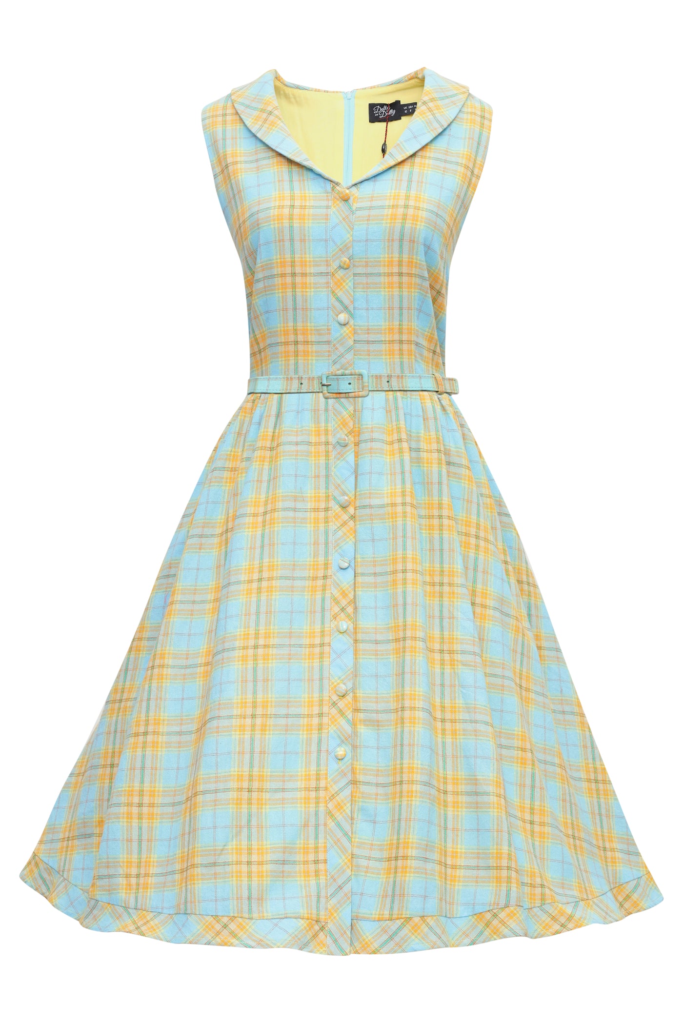 Yellow and blue check plaid button shirt dress