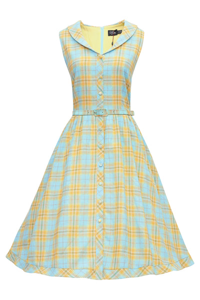 Yellow and blue check plaid button shirt dress