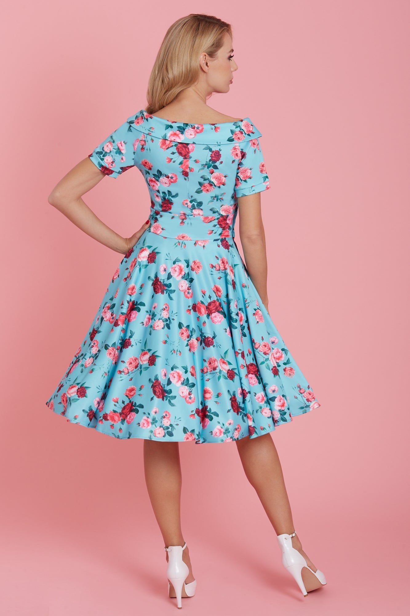 Woman's 50s Style Rose Floral Off Shoulder Swing Dress in Aqua Blue