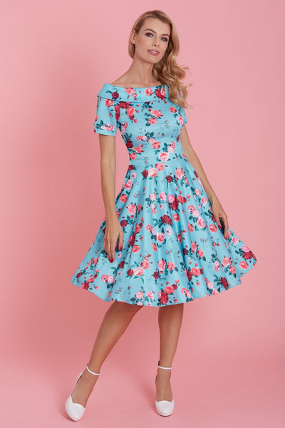 Woman's 50s Style Rose Floral Off Shoulder Swing Dress in Aqua Blue