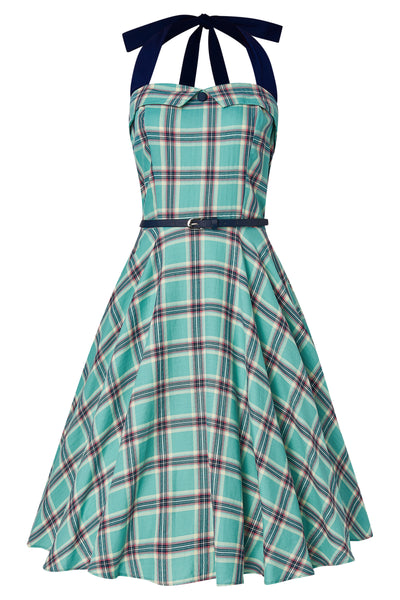 Woman's Rockabilly 1950's Check Halterneck Dress in Turquoise