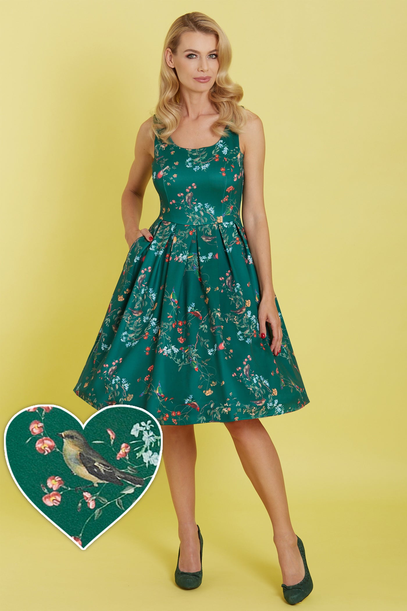 Amanda Vintage Inspired Forest Green Bird Print Dress - 8