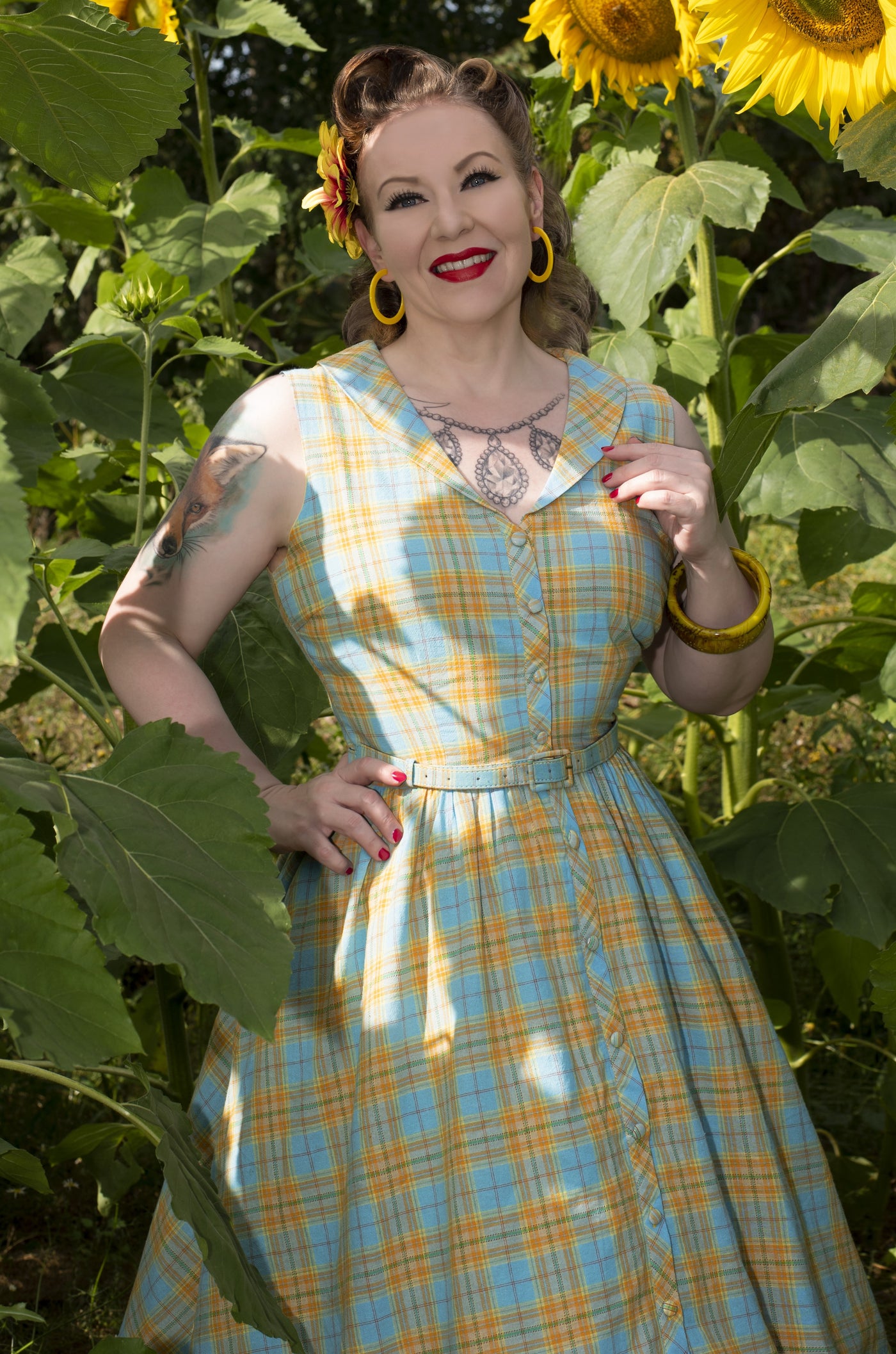 Women's 50s Style Blue & Yellow Check Shirt Dress1