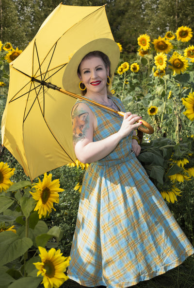 Women's 50s Style Blue & Yellow Check Shirt Dress1