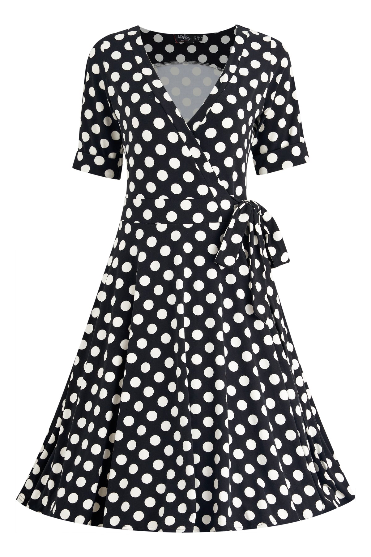 Matilda Wrap Day Dress in Black/White Polka Dot Print