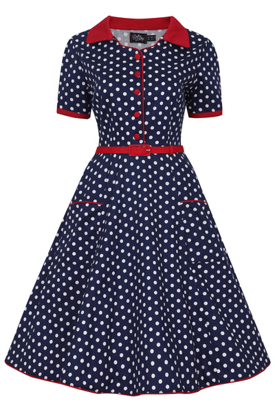 Women's Rockabilly Blue Polka Dot Shirt Dress