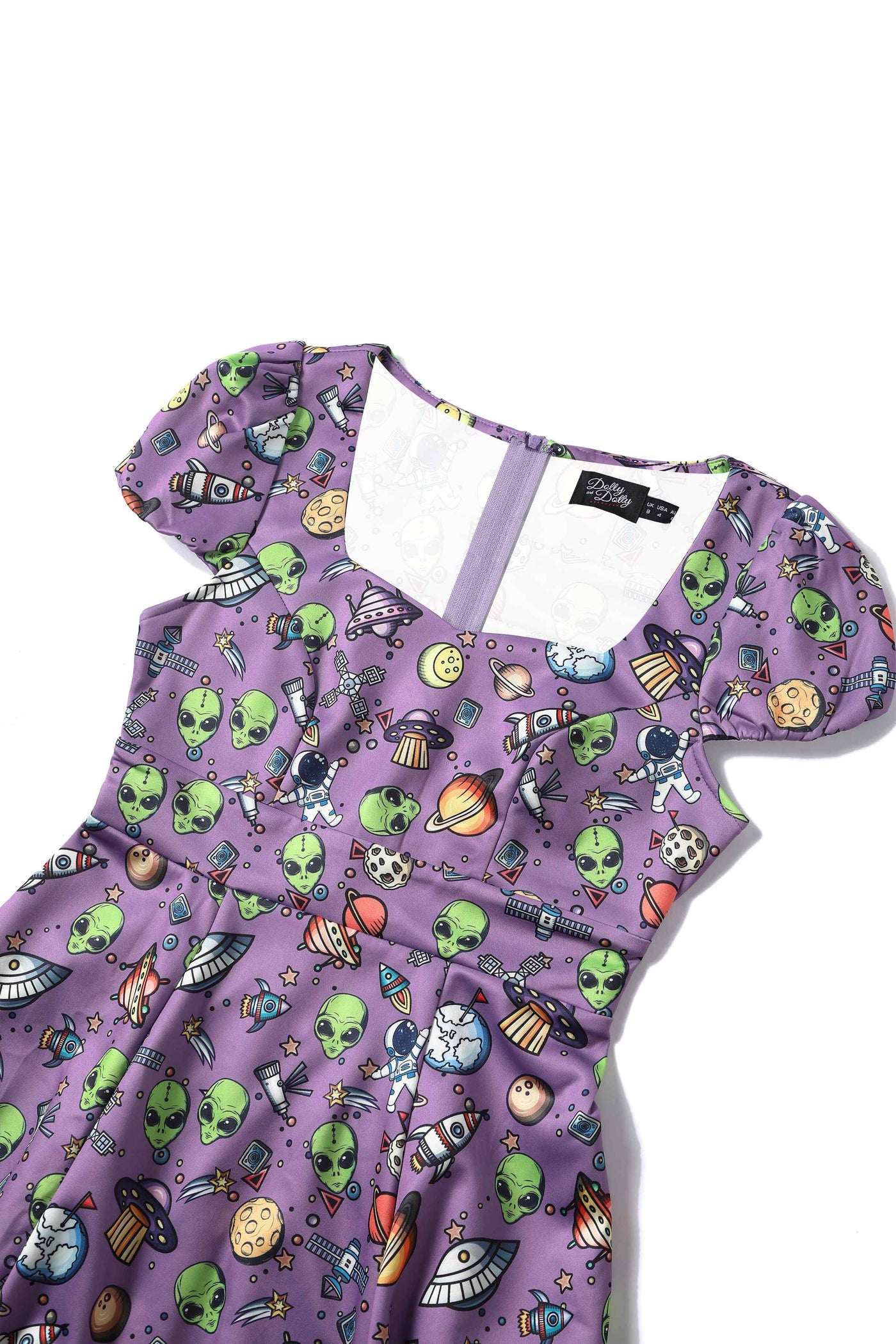 Close up  view of Alien and UFO Space Print Dress in Purple