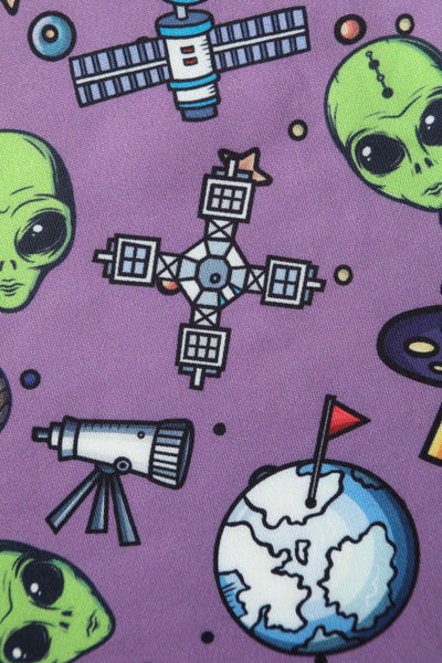 Close up view of Alien and UFO Space Print Dress in Purple