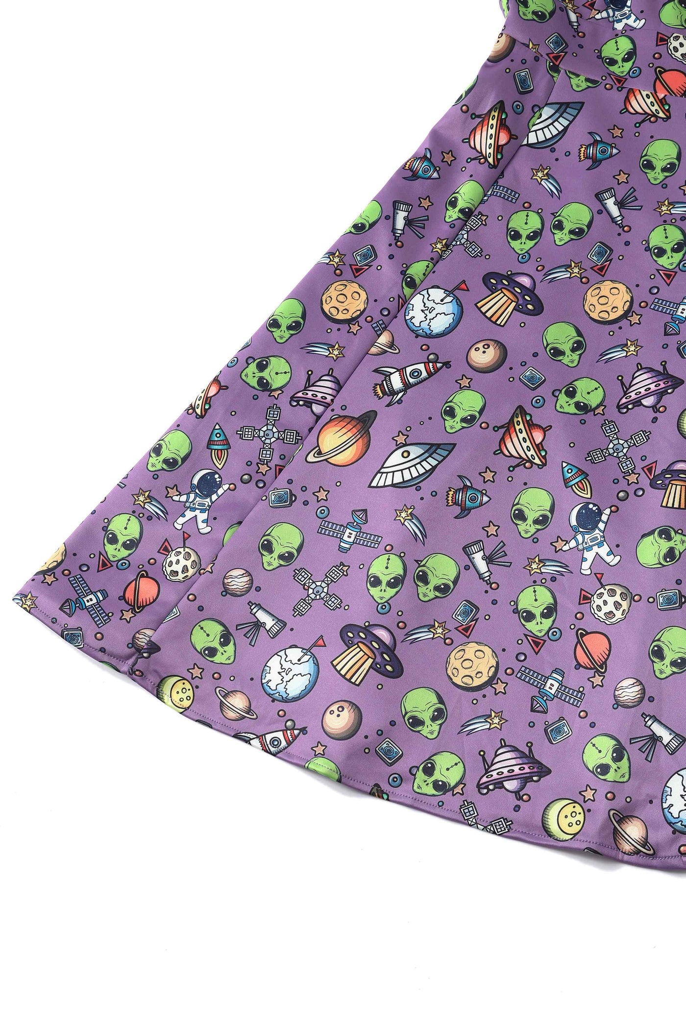 Close up view of Alien and UFO Space Print Dress in Purple