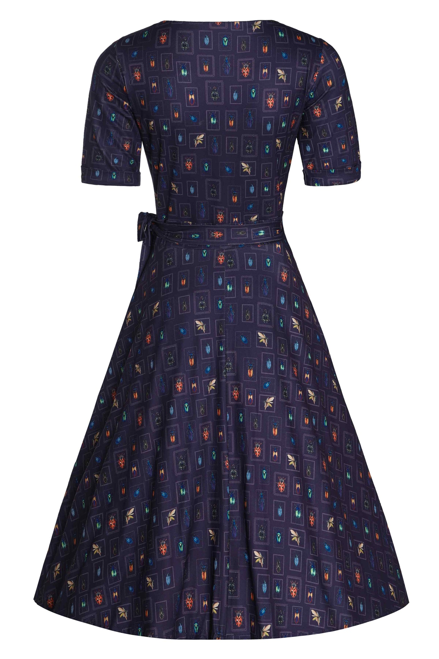 Back View of Bug Collection Print Wrap Around Dress In Nave Blue