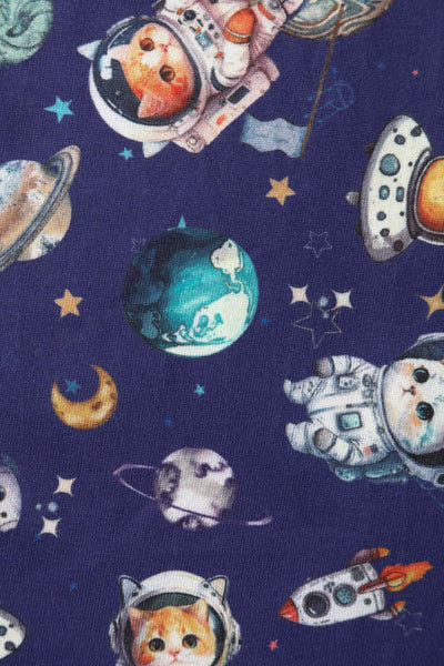 Close up view of Cat In Space Print Dress in Purple