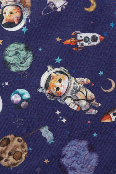 Close up view of Cat In Space Print Dress in Purple