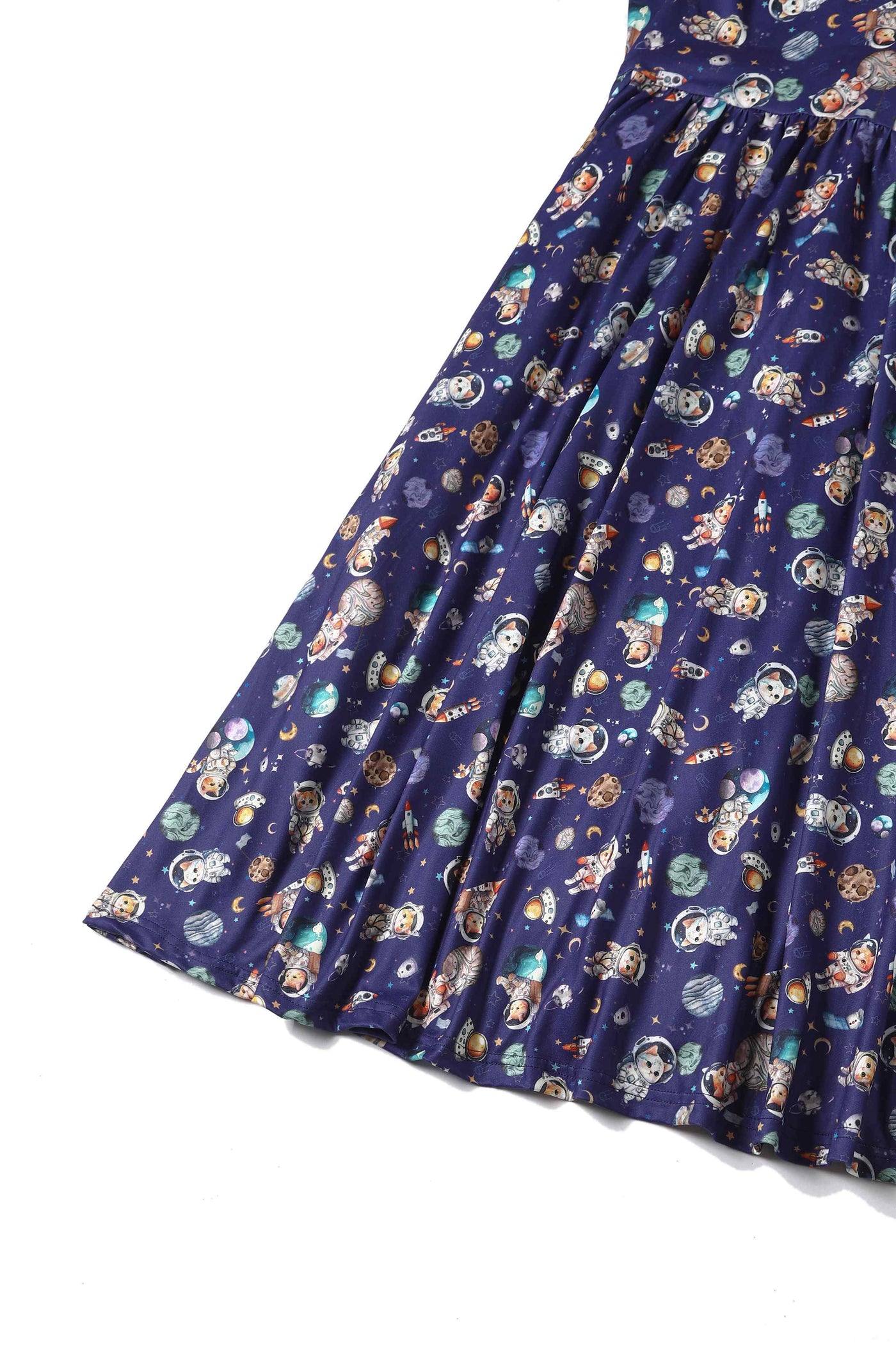 Close up view of Cat In Space Print Dress in Purple