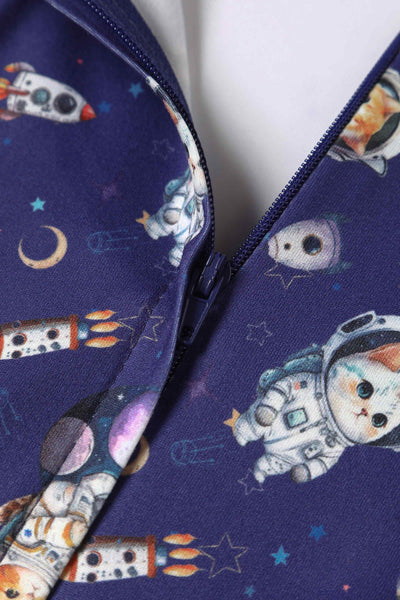 Close up view of Cat In Space Print Dress in Purple