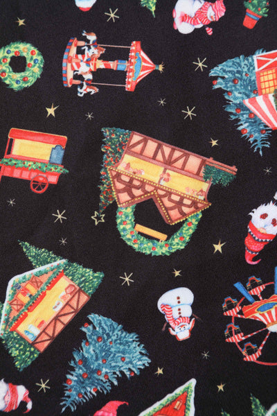 Close up View of Christmas Fair Print Off Shoulder Dress in Black