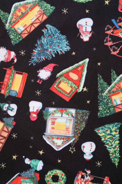 Close up View of Christmas Fair Print Off Shoulder Dress in Black