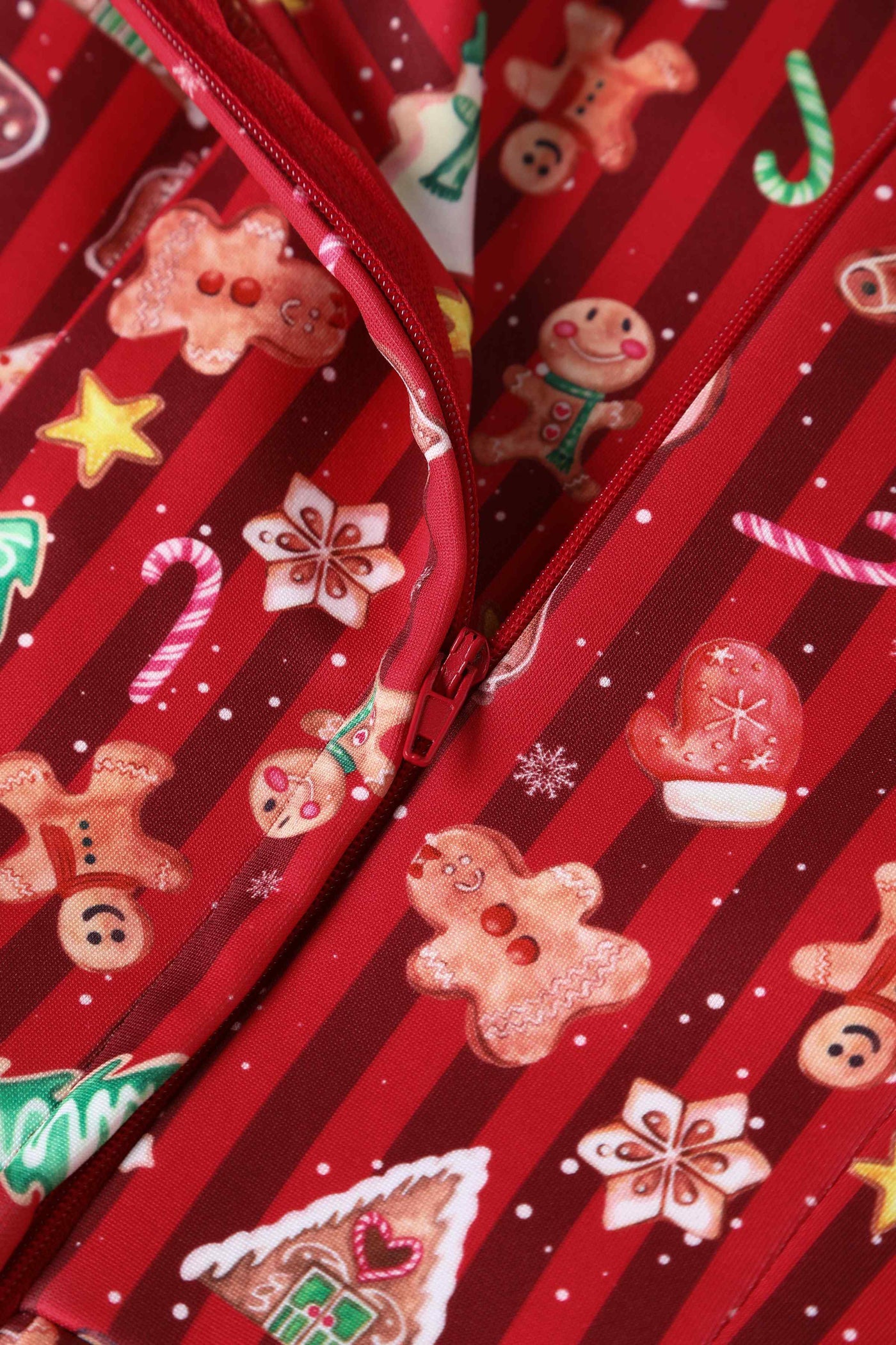 Close up View of Christmas Gingerbread Cookie Print Off Shoulder Dress in Red