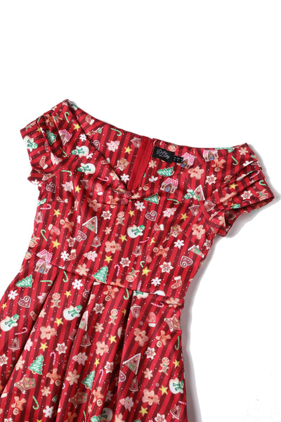 Close up View of Christmas Gingerbread Cookie Print Off Shoulder Dress in Red